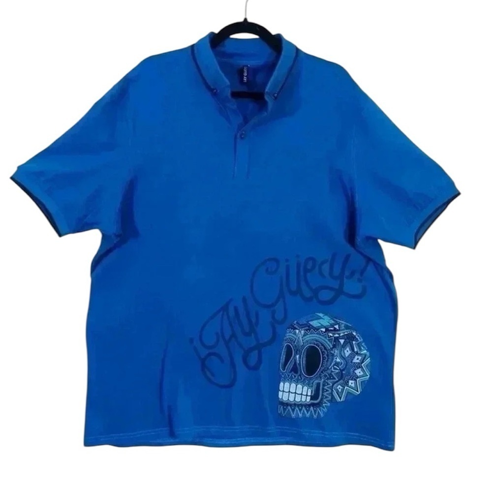 Ay Guey Blue Skull Aztec Short Sleeve Polo Shirt